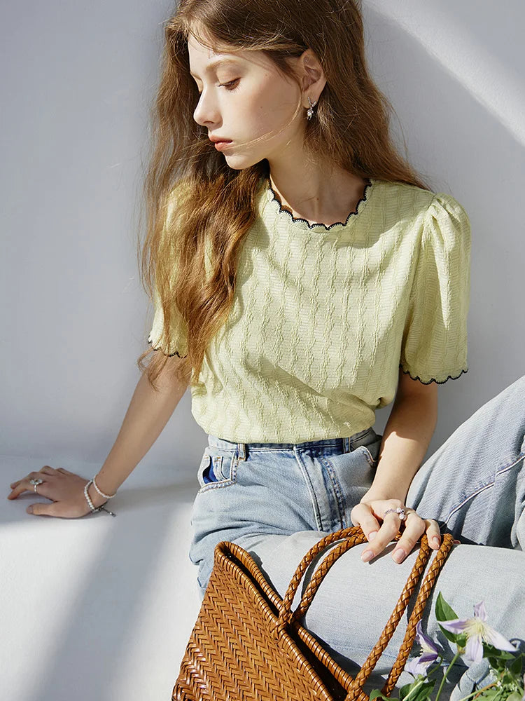 Women's French Lace Knitted Top – Chic Short Sleeve Summer Shirt 2024