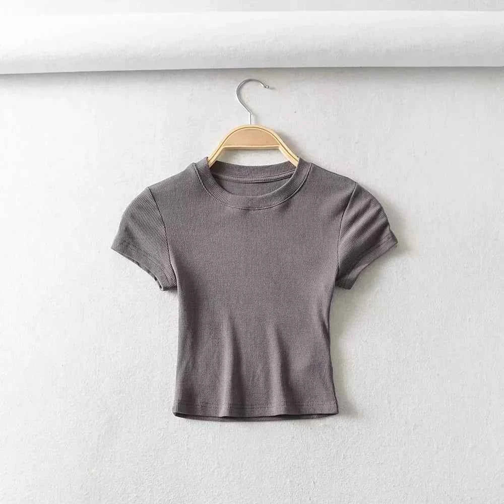 Summer Sexy Women O-neck Short-sleeve T-shirt Solid Color Basic Slim Elastic Skinny Crop Tops