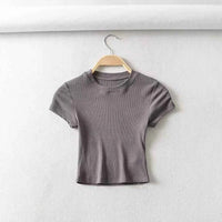 Summer Sexy Women O-neck Short-sleeve T-shirt Solid Color Basic Slim Elastic Skinny Crop Tops