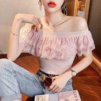 Women's Lace Ruffle Summer Blouse – Sweet Patchwork Knitted Tunic Top