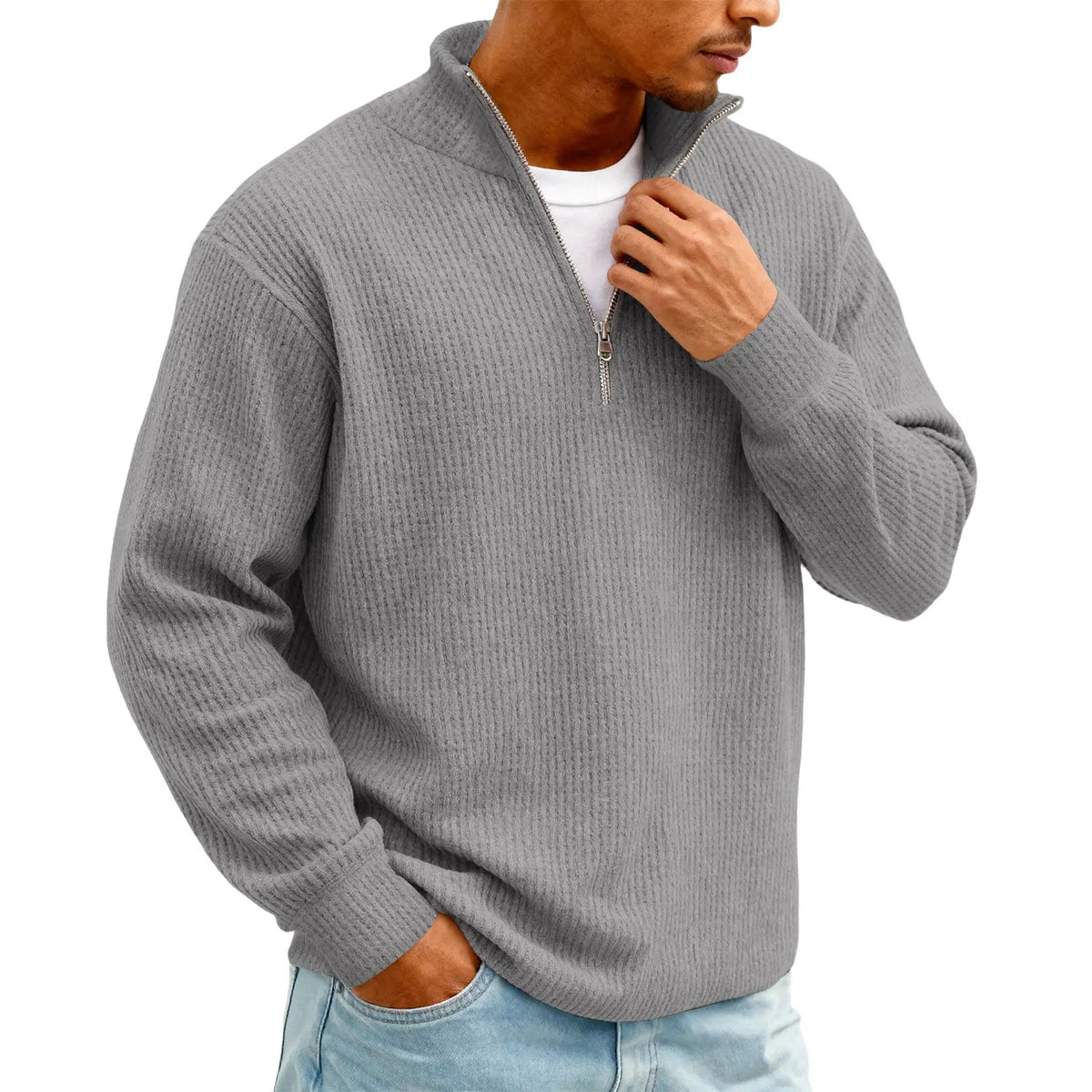 Men's Waffle Long Sleeve Polo T-Shirt – Casual Loose Fit Zipper Collar Sweatshirt