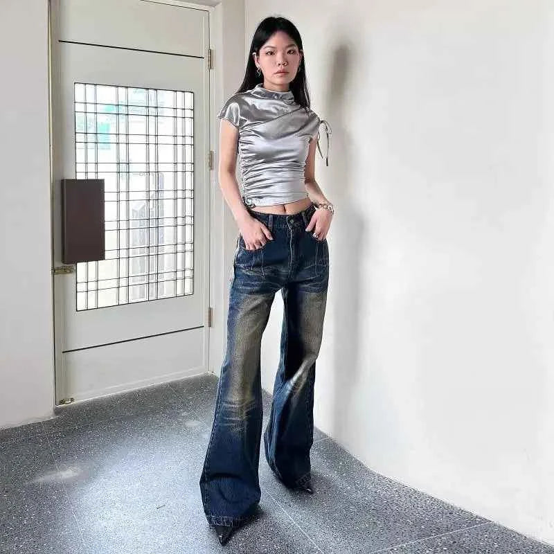 Women's Slim Fit Shirring T-Shirt Short Sleeve – Half Turtleneck Chic Streetwear Top