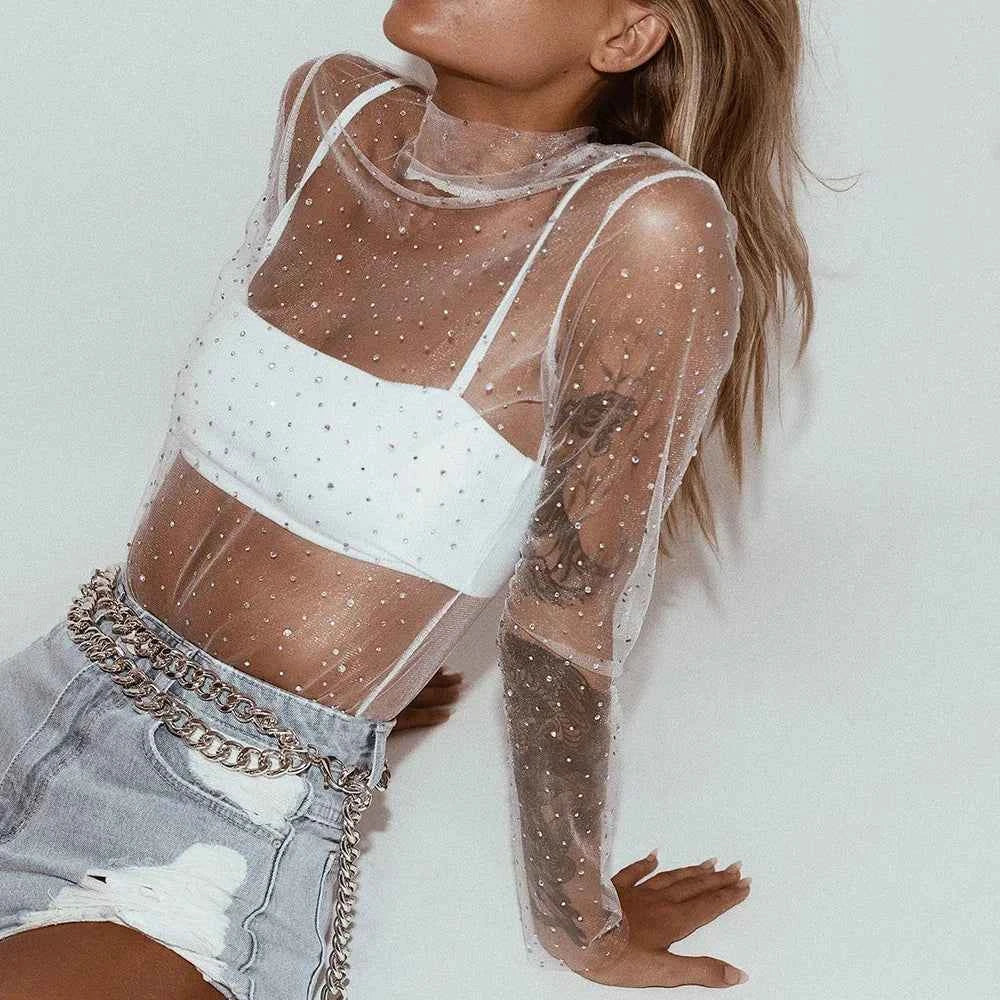 Women's Lace Mesh Sheer Crop Top – Rhinestone Turtleneck Long Sleeve Cover Up