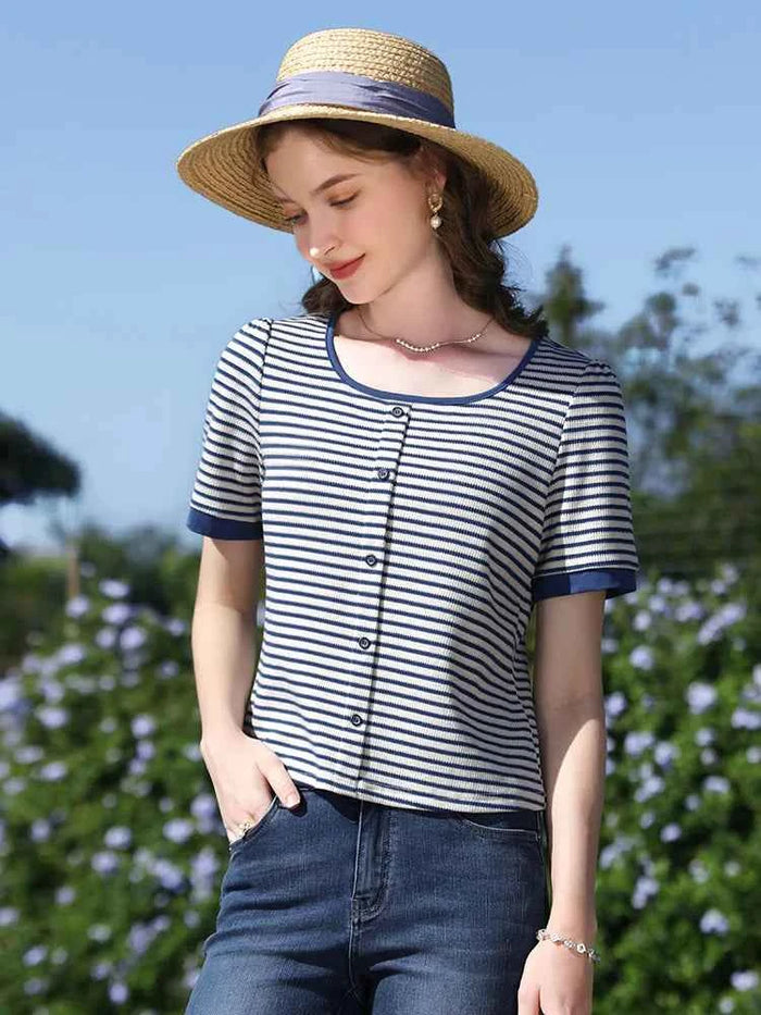I BELIEVE YOU Women's Striped Slim Knit Top – Casual Retro Summer Round Neck Tee