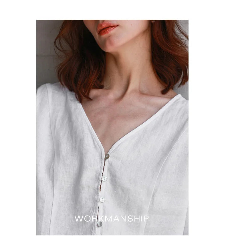 Women's Linen V-Neck Shirt – Premium White Retro Three-Quarter Sleeve Top