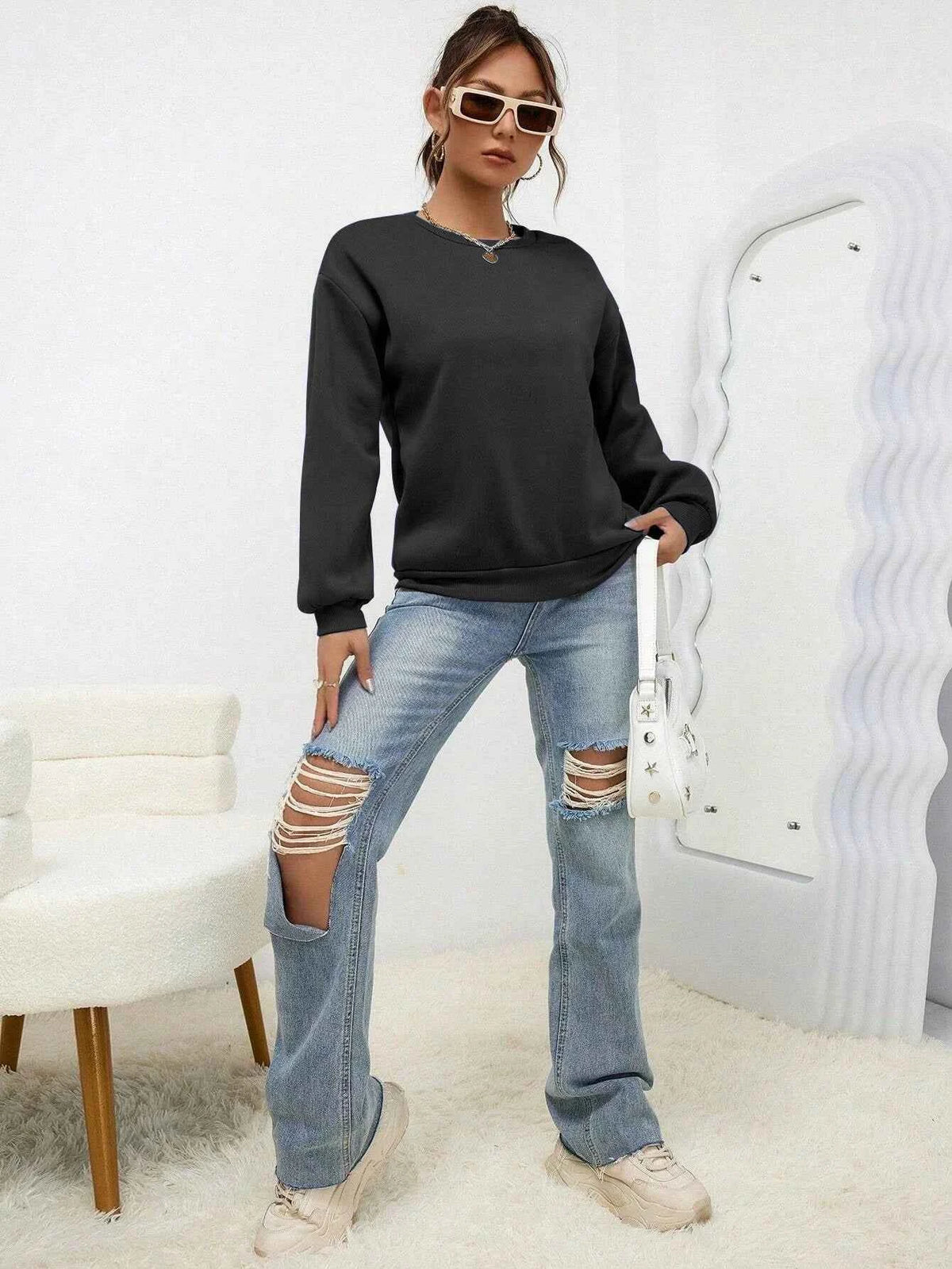 Women's Casual Solid Color Sweatshirt – Loose Fit Crewneck Fashion Pullover