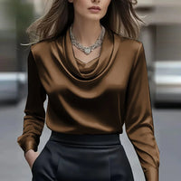 Women's Satin Long Sleeve Office Blouse – Elegant Solid Color Office Pullover