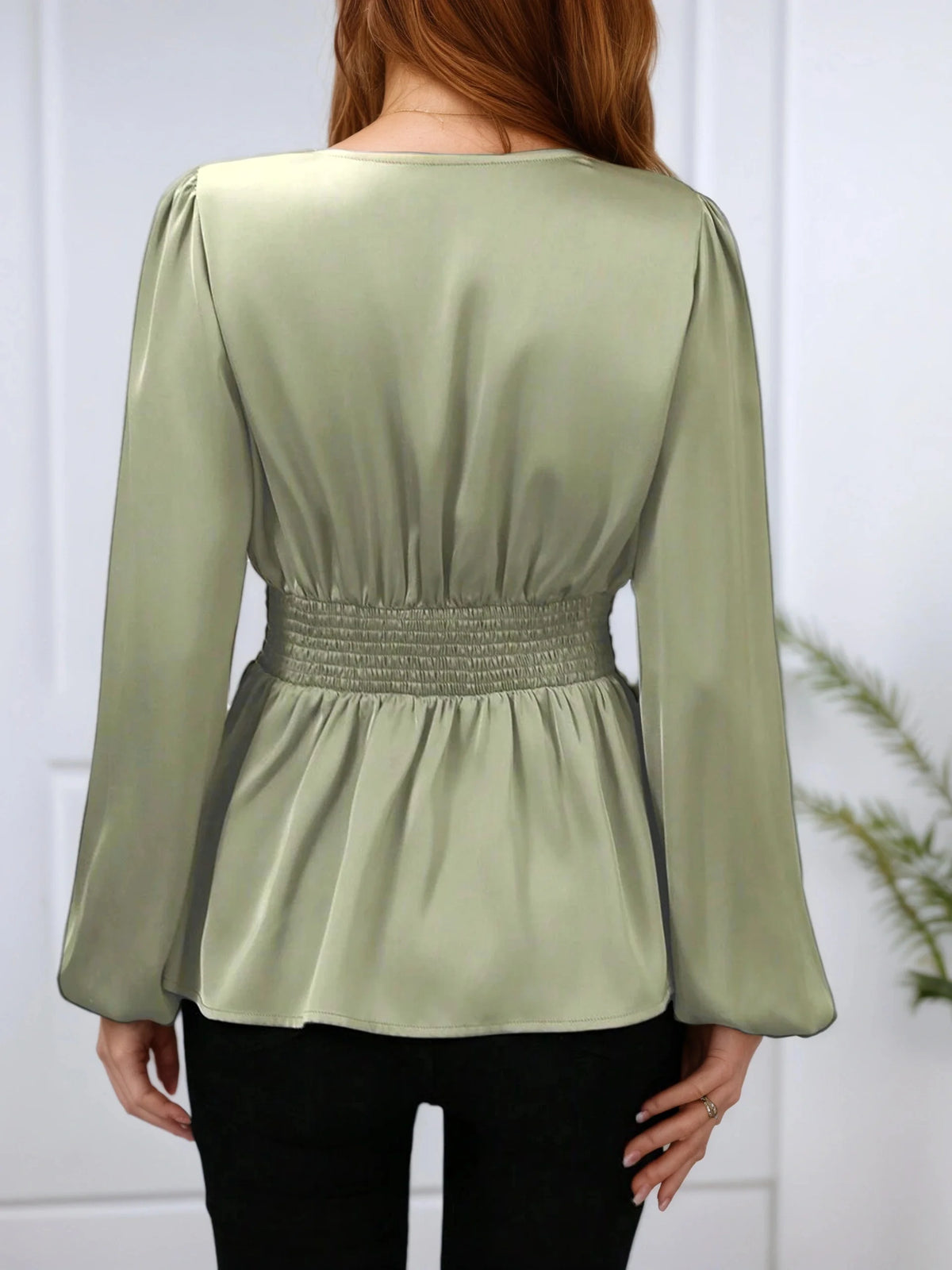 Women's Pleated Cinched Waist Shirt – Elegant Long Sleeve Slimming Top