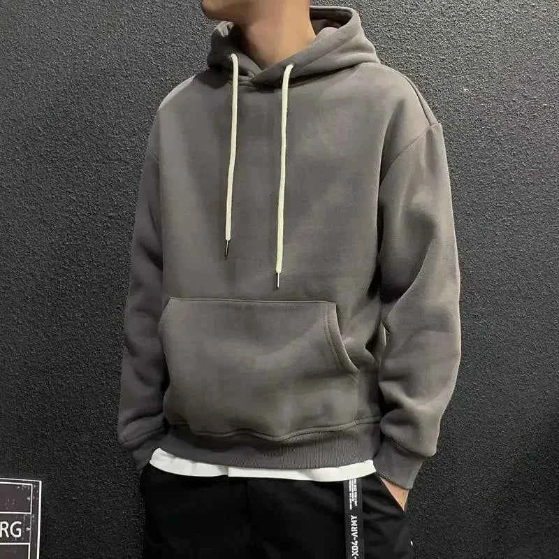Men's Green Fleece Hooded Sweatshirt – Solid Color Casual Pullover Hoodie