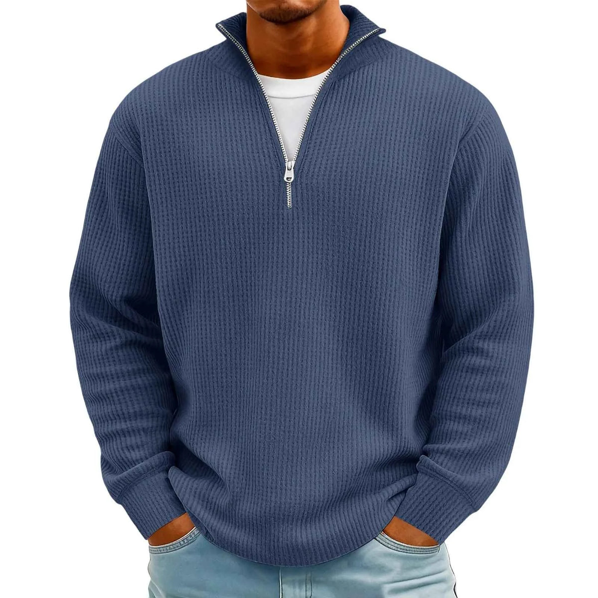 Men's Waffle Long Sleeve Polo T-Shirt – Casual Loose Fit Zipper Collar Sweatshirt