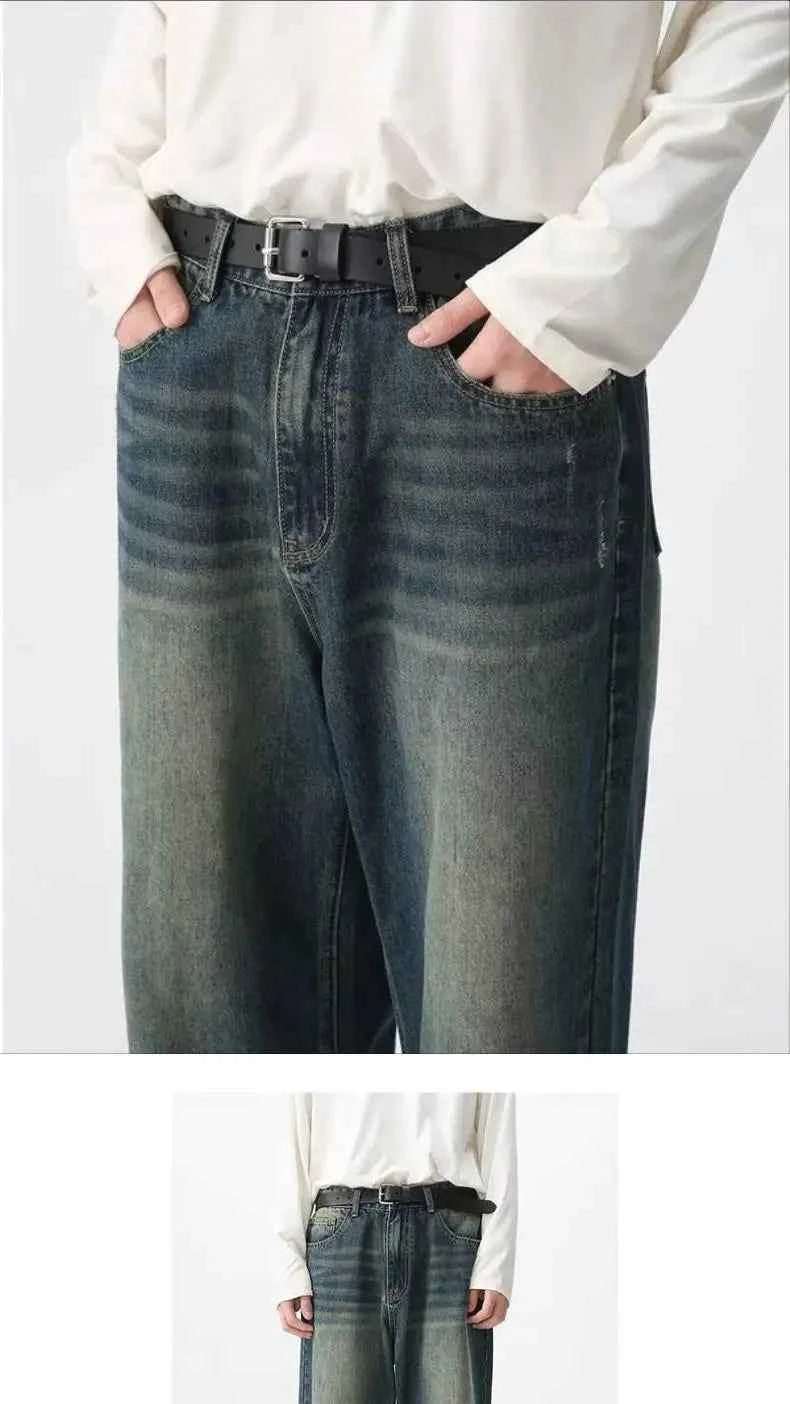 Men's Black Wide Leg Retro Jeans – Washed Loose Straight Cleanfit Denim Pants
