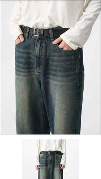 Men's Black Wide Leg Retro Jeans – Washed Loose Straight Cleanfit Denim Pants