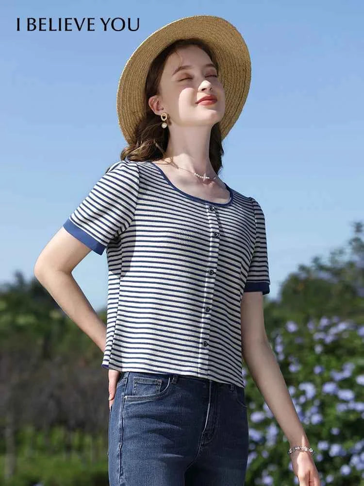 I BELIEVE YOU Women's Striped Slim Knit Top – Casual Retro Summer Round Neck Tee