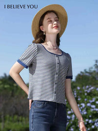 I BELIEVE YOU Women's Striped Slim Knit Top – Casual Retro Summer Round Neck Tee