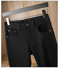 Men's Pure Black Slim Fit Jeans – Light Luxury Stretch Straight Leg Pants 2025