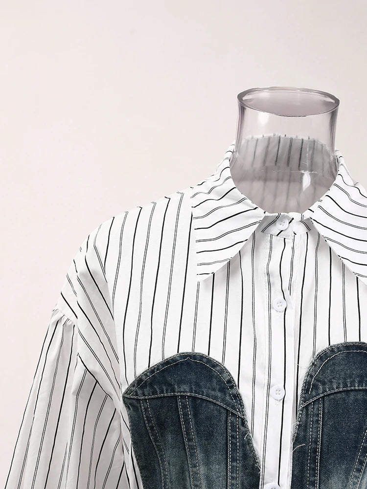 Women's Striped Denim Spliced Blouse – Elegant Lapel Long Sleeve Shirt 2026