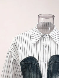 Women's Striped Denim Spliced Blouse – Elegant Lapel Long Sleeve Shirt 2026