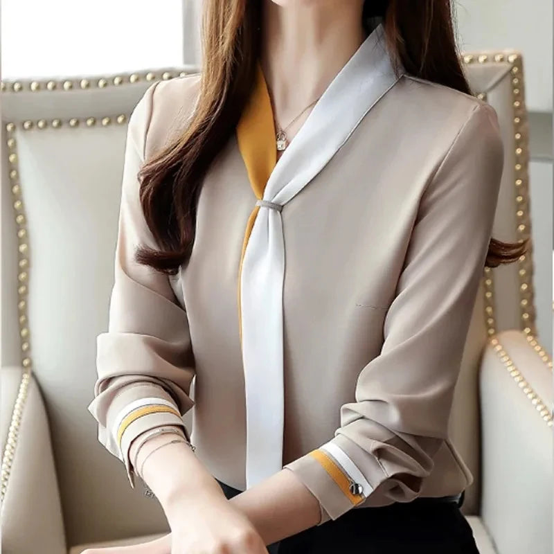 Women's Vintage Chiffon Office Blouse – Elegant V-Neck Long Sleeve Office Shirt