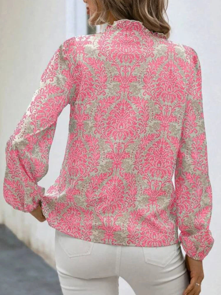 Women's Printed Lantern Sleeve V-Neck Shirt – V-Neck Embellished Button-Up Top