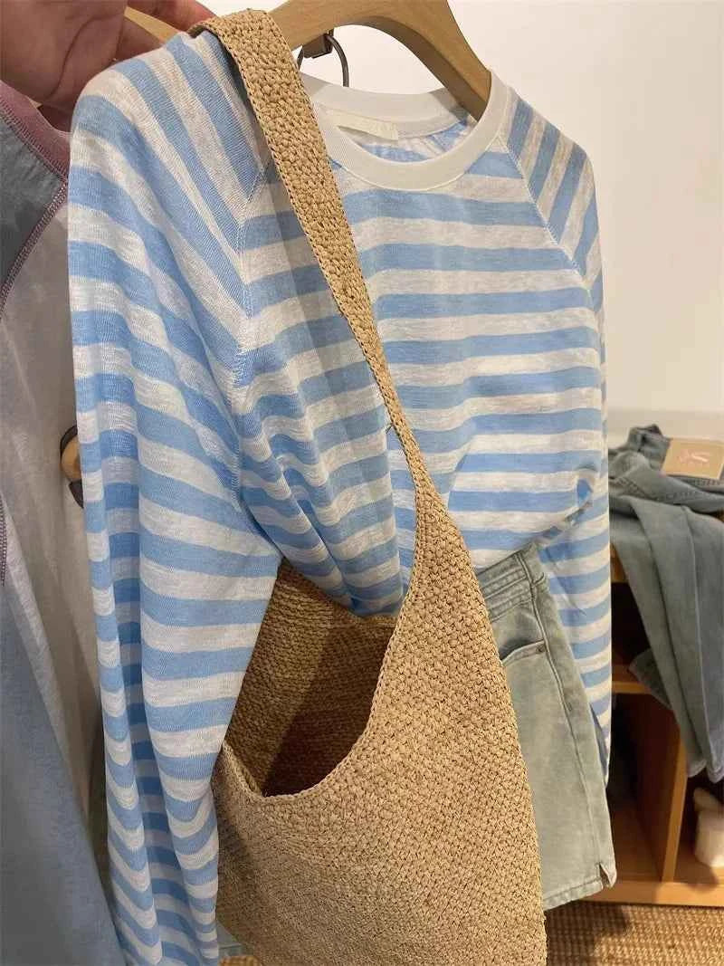 Women's Striped Loose Fit Summer T-Shirt – Trendy Korean Style Sun-Proof Summer Top