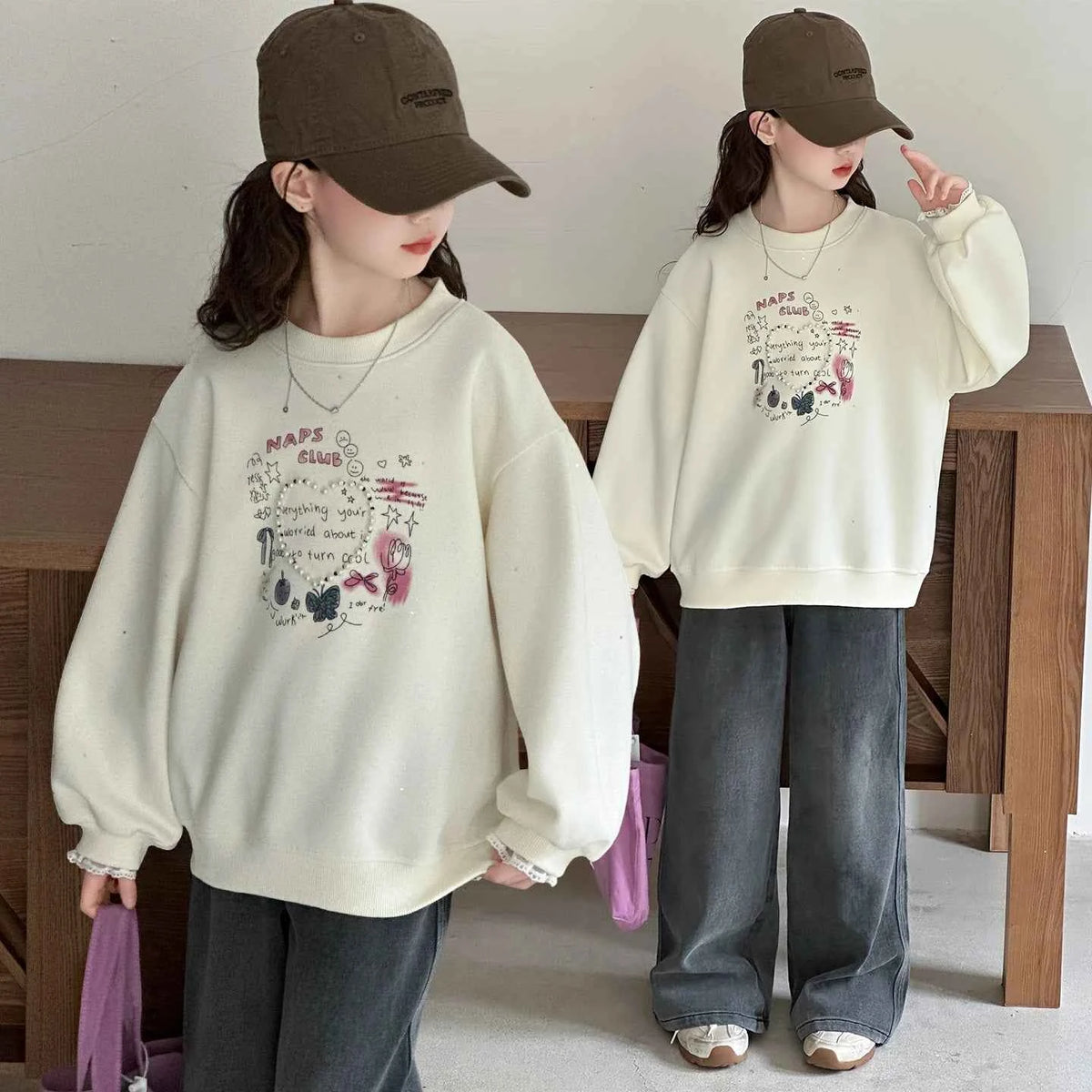 Girls Heart Pearl Sweatshirt – Kids Long Sleeve Casual Fashion Hoodie