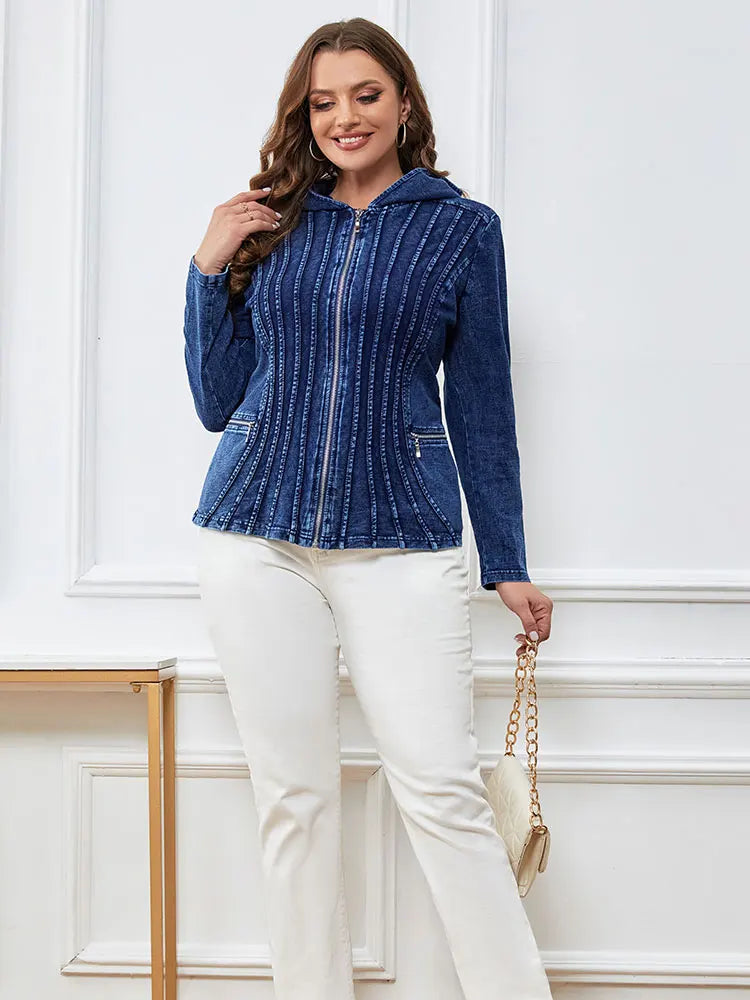 Women's Plus Size Casual Denim Jacket – Loose Fit Long Sleeve Blue Jean Coat