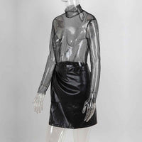 Women's Lace Mesh Sheer Crop Top – Rhinestone Turtleneck Long Sleeve Cover Up