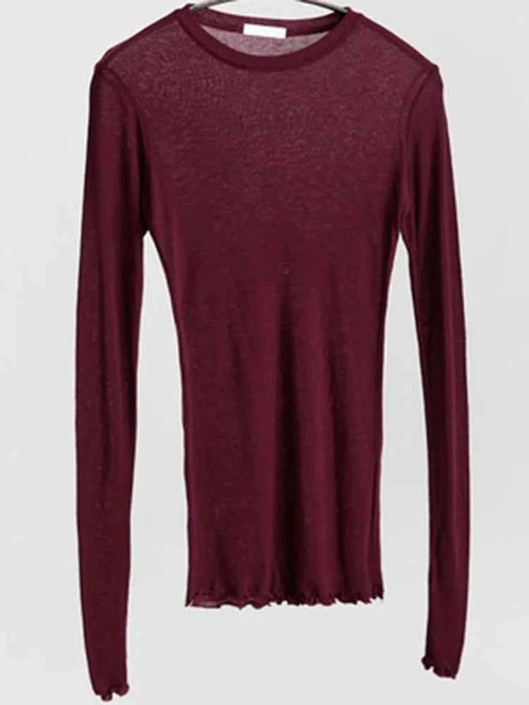 High Quality Plain T Shirt Women  Elastic Basic T-shirts Female Casual Tops Long Sleeve Sexy Thin T-shirt see through