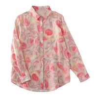 Women's Floral Cotton Linen Shirt – French Artistic Print Long Sleeve Blouse