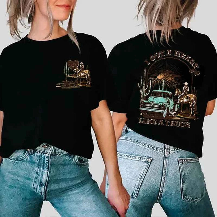 Women’s Heart Like a Truck Tee Western T-Shirt – Cowboy Rodeo Graphic Front & Back Tee