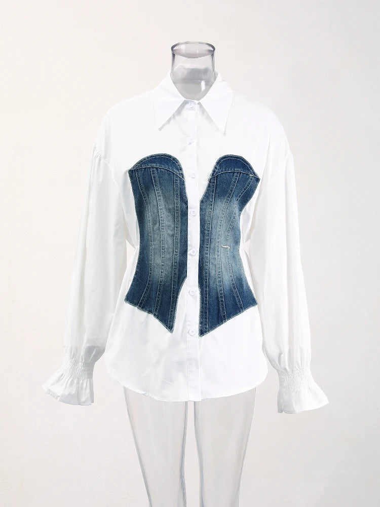 Women's Striped Denim Spliced Blouse – Elegant Lapel Long Sleeve Shirt 2026