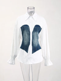 Women's Striped Denim Spliced Blouse – Elegant Lapel Long Sleeve Shirt 2026