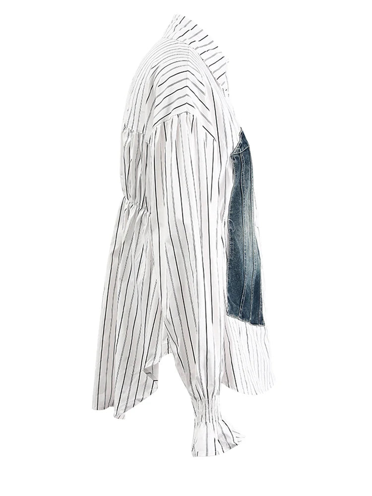 Women's Striped Denim Spliced Blouse – Elegant Lapel Long Sleeve Shirt 2026