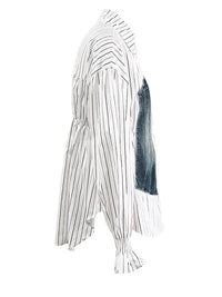 Women's Striped Denim Spliced Blouse – Elegant Lapel Long Sleeve Shirt 2026