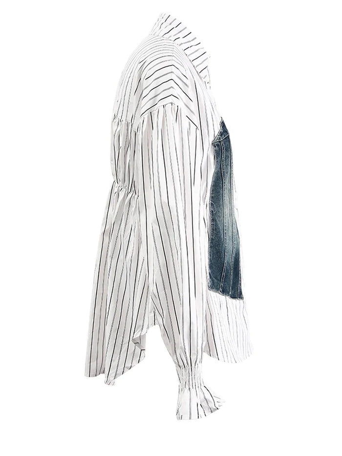 Women's Striped Denim Spliced Blouse – Elegant Lapel Long Sleeve Shirt 2026
