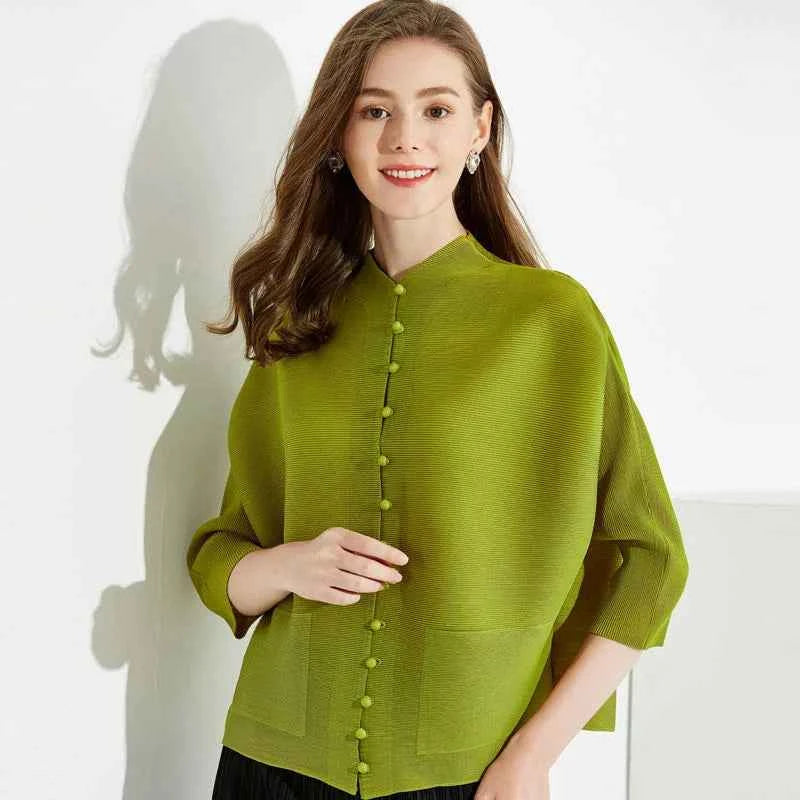 Women's Bat Sleeve Pleated T-Shirt Jacket – Loose Fit Single Breasted Top
