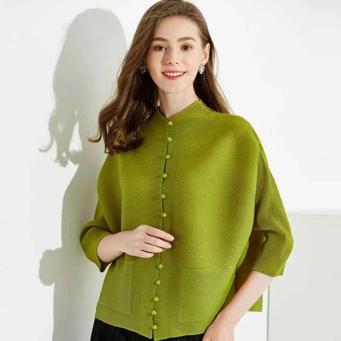 Women's Bat Sleeve Pleated T-Shirt Jacket – Loose Fit Single Breasted Top