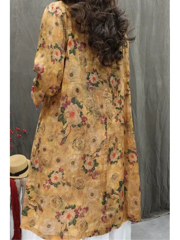 Women's Artistic Retro Print Dress Shirt – Casual Loose Mid-Length V-Neck Top