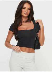 Women's Y2K U-Neck Crop Top – Slim Short Sleeve Casual Tee