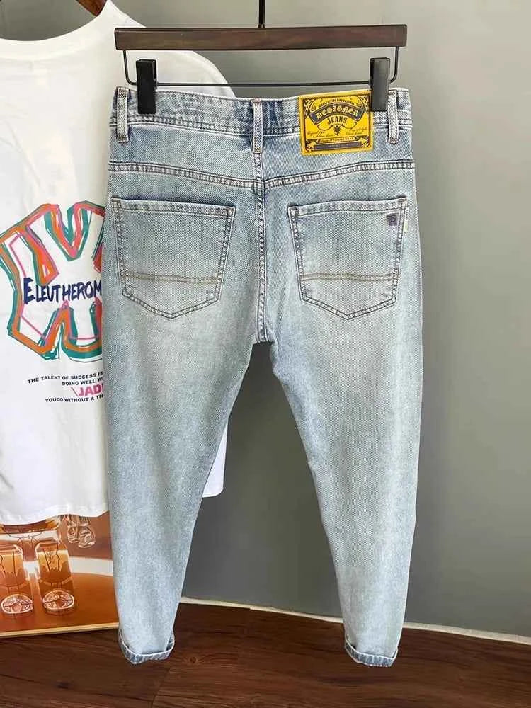 Men's Light Blue Embroidered Jeans – Slim Fit Vintage Washed Casual Pants