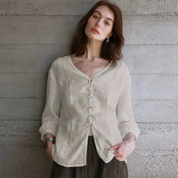 Women's Linen V-Neck Shirt – Premium White Retro Three-Quarter Sleeve Top