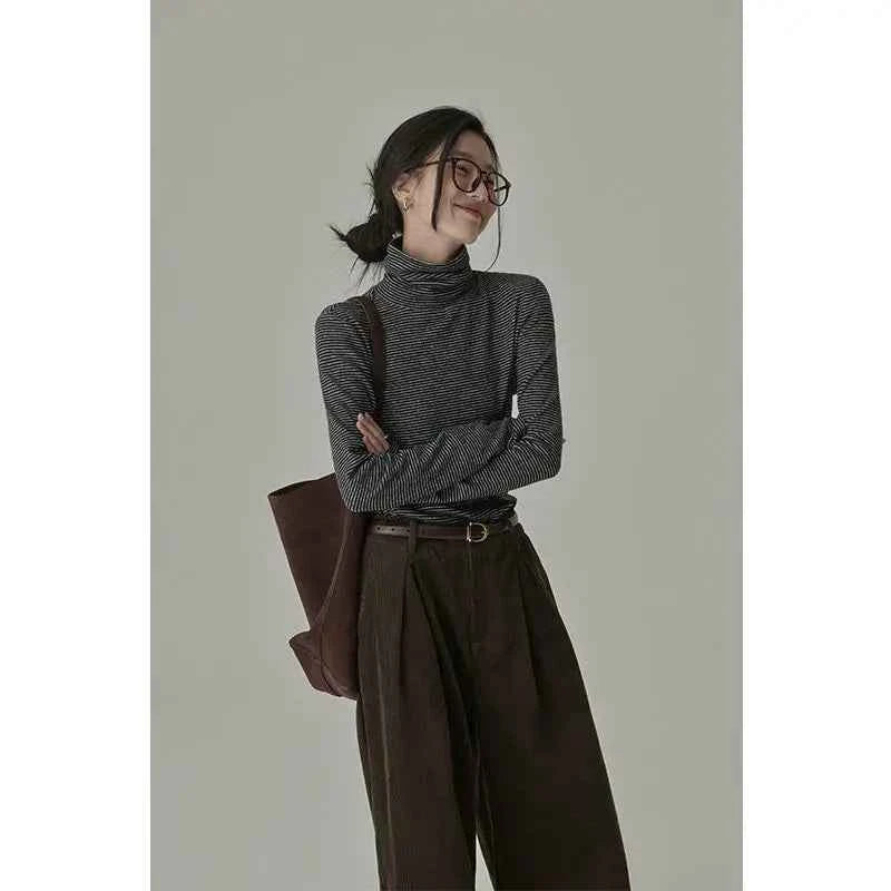 Women's Striped Long Sleeve Turtleneck T-Shirt – Cozy Elegant Korean Style Casual Spring T-Shirt