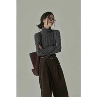 Women's Striped Long Sleeve Turtleneck T-Shirt – Cozy Elegant Korean Style Casual Spring T-Shirt
