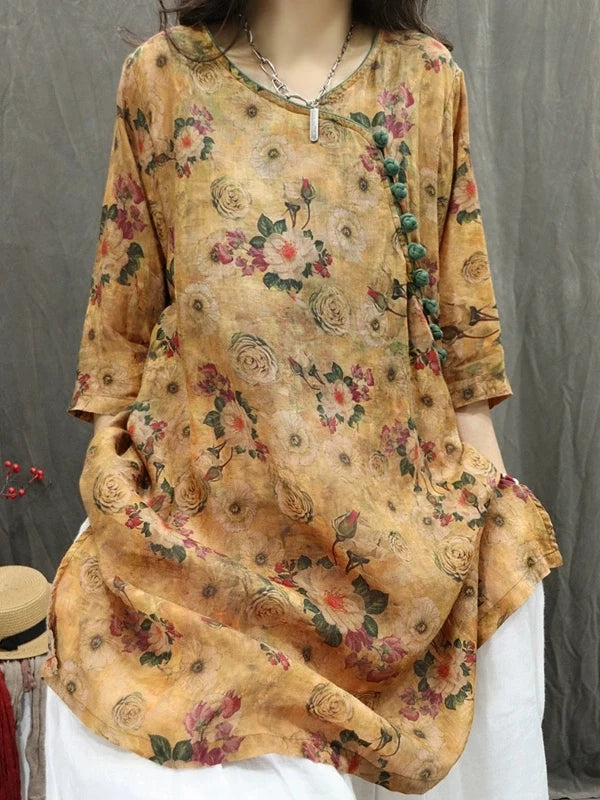 Women's Artistic Retro Print Dress Shirt – Casual Loose Mid-Length V-Neck Top