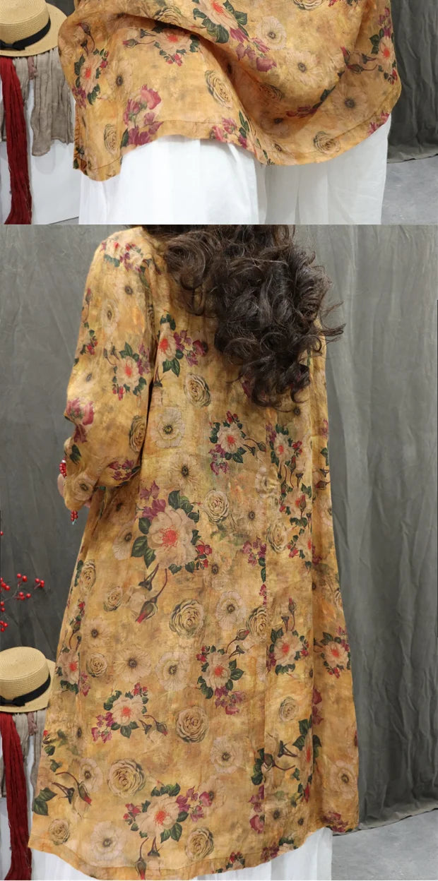 Women's Artistic Retro Print Dress Shirt – Casual Loose Mid-Length V-Neck Top