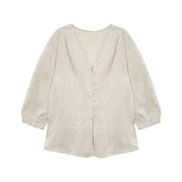 Women's Linen V-Neck Shirt – Premium White Retro Three-Quarter Sleeve Top