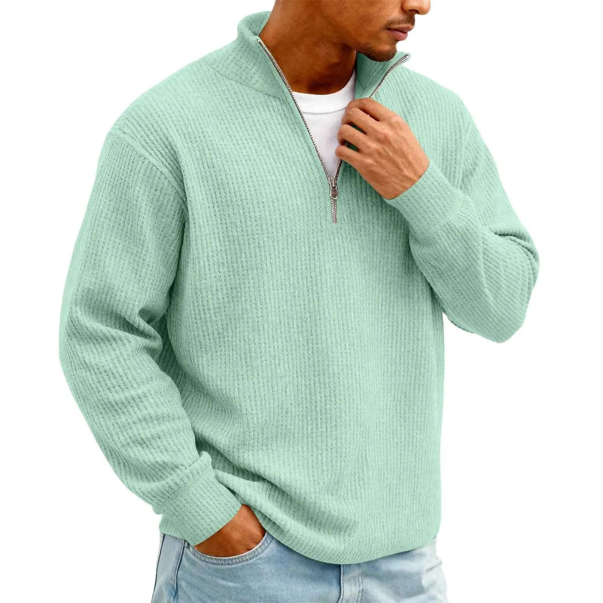 Men's Waffle Long Sleeve Polo T-Shirt – Casual Loose Fit Zipper Collar Sweatshirt