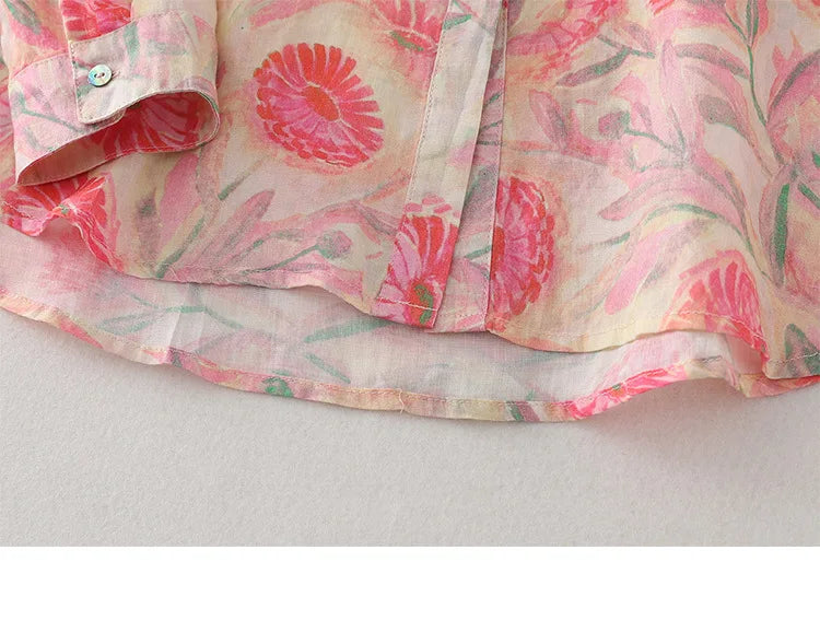 Women's Floral Cotton Linen Shirt – French Artistic Print Long Sleeve Blouse