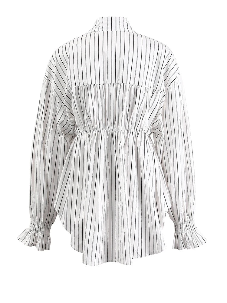 Women's Striped Denim Spliced Blouse – Elegant Lapel Long Sleeve Shirt 2026