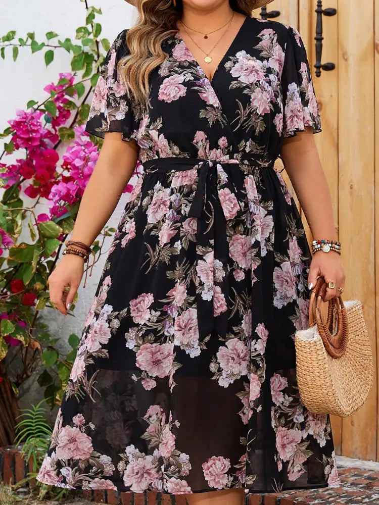 Women's Plus Size Floral V-Neck Dress – Elegant Bohemian A-Line Vacation Dress